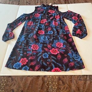 Everly Purple Blue Pink Cold Shoulder Long Sleeve‎ High Neck Keyhole Dress Small